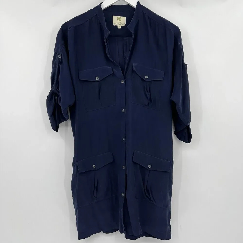 Koch 100% Silk Mini Tunic Shirt Dress Navy Blue 3/4 Length Sleeves‎ Size Small